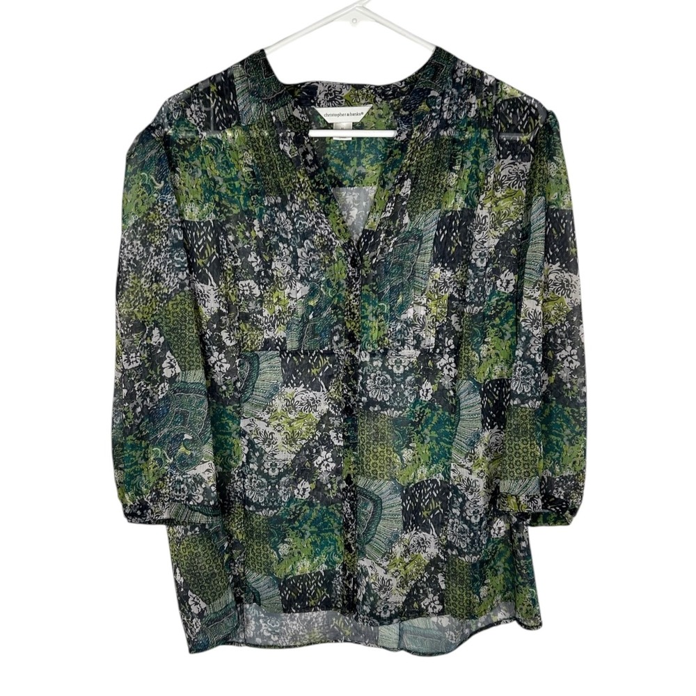 Christopher & Banks Green Patchwork Paisley Sheer V-Neck Blouse XL 3/4 Sleeve